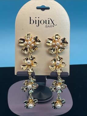 Bijoux Bar Gold Floral Pearl Linear Drop Earrings